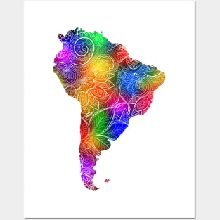 Colorful mandala art map of South America with text in multicolor pattern Posters and Art